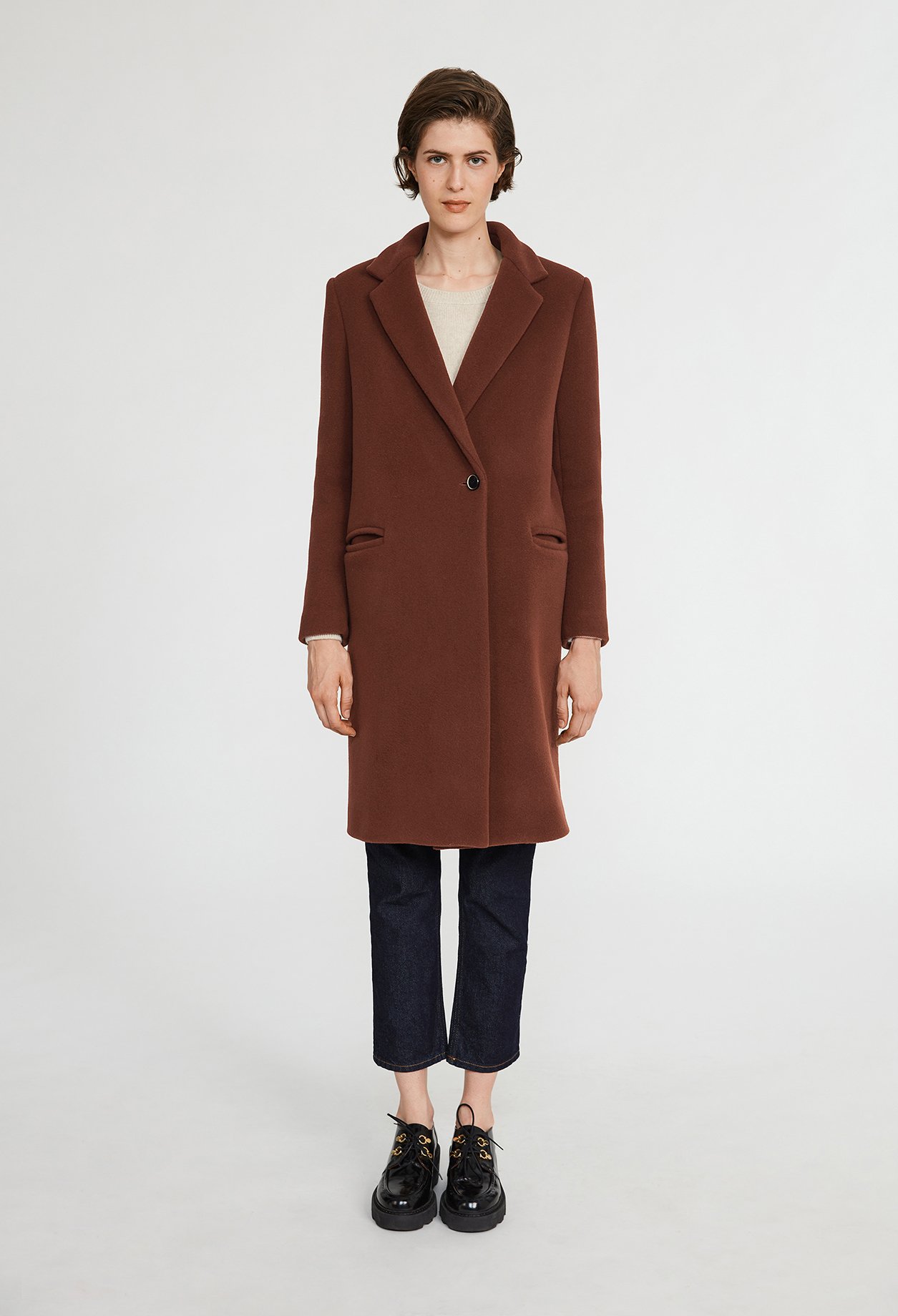Manteau marron mi-long laine melangee