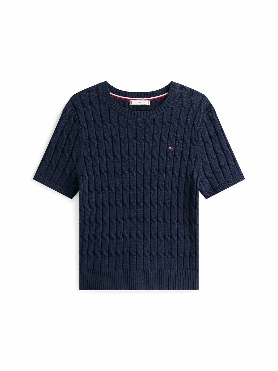 TOMMY HILFIGER<br>Suéter de tricô com gola redonda e mangas curtas