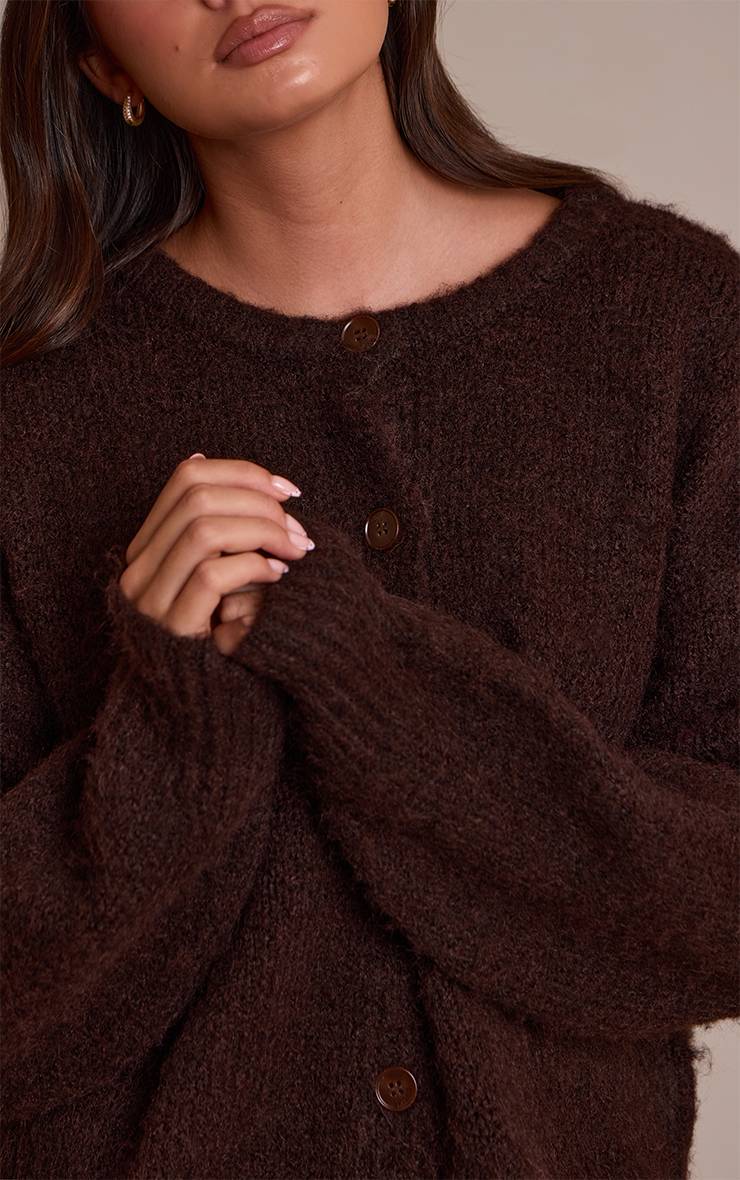Chocolat Cardigan Col Rond Surdimensionné À Détails Brossés