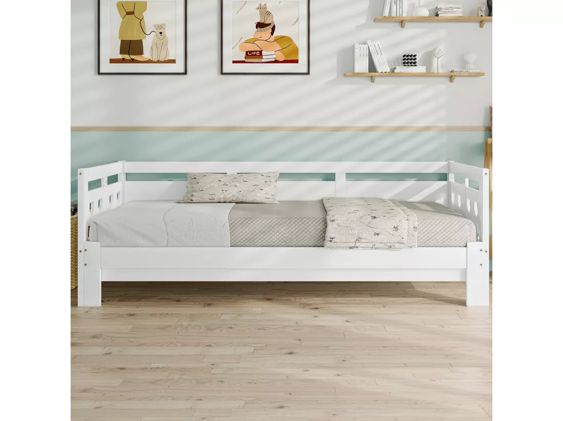 Lit gigogne 90 x 190 cm - bois massif - cadre enroulable - motif coeur - blanc