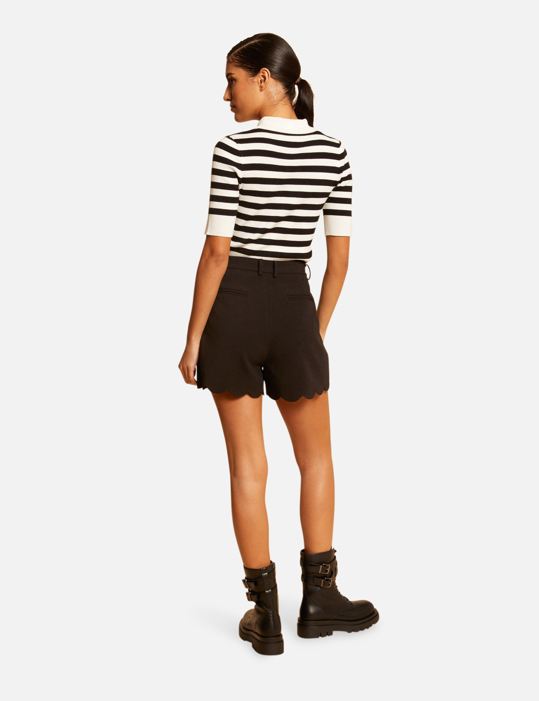 Pull manches courtes à rayures noir femme - noir