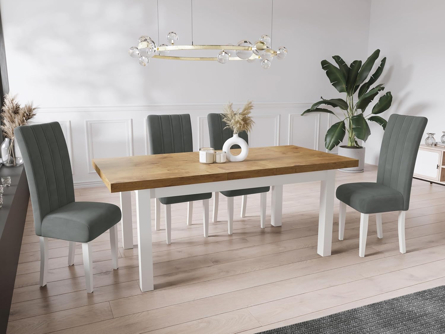 WFL GROUP Moderner Rechteckiger Ausziehbarer Esstisch - Platzsparend - Weißen Holzbeine - 140 bis 180 cm - Hergestellt in EU - 140 x 80 cm - Lancelot Eiche