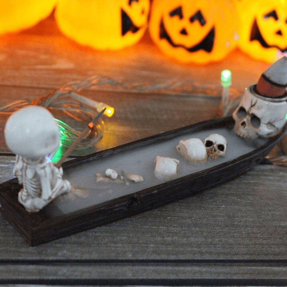 (17x5cm) Halloween Räucherstäbchen Halter Totenkopf Home Deko Aromatherapie Aschefänger inkl. Räucherstäbchen / Räucherkegel - Skelett