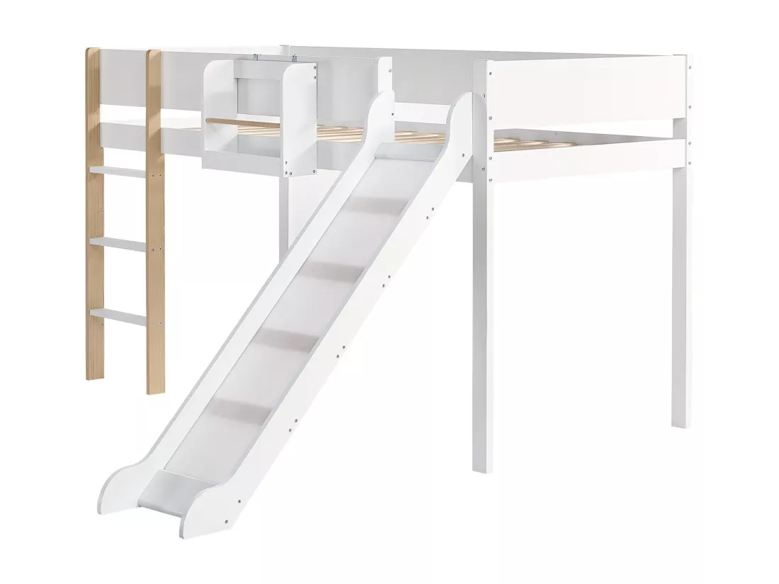 Lit mezzanine 90x200 cm avec une étagères amovible - avec échelle et toboggan - en bois de pin et MDF - Blanc