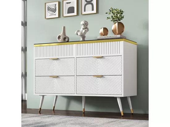 Buffet avec poignées dorées 6 tiroirs et compartiments Plateau en verre ambré Design à rayures irrégulières Blanc