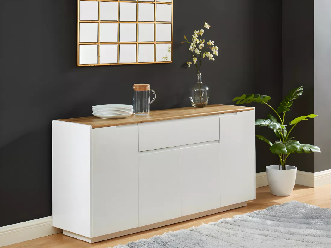 Buffet AMANI - 4 portes & 1 tiroir - MDF - Coloris: Blanc laqué et Chêne