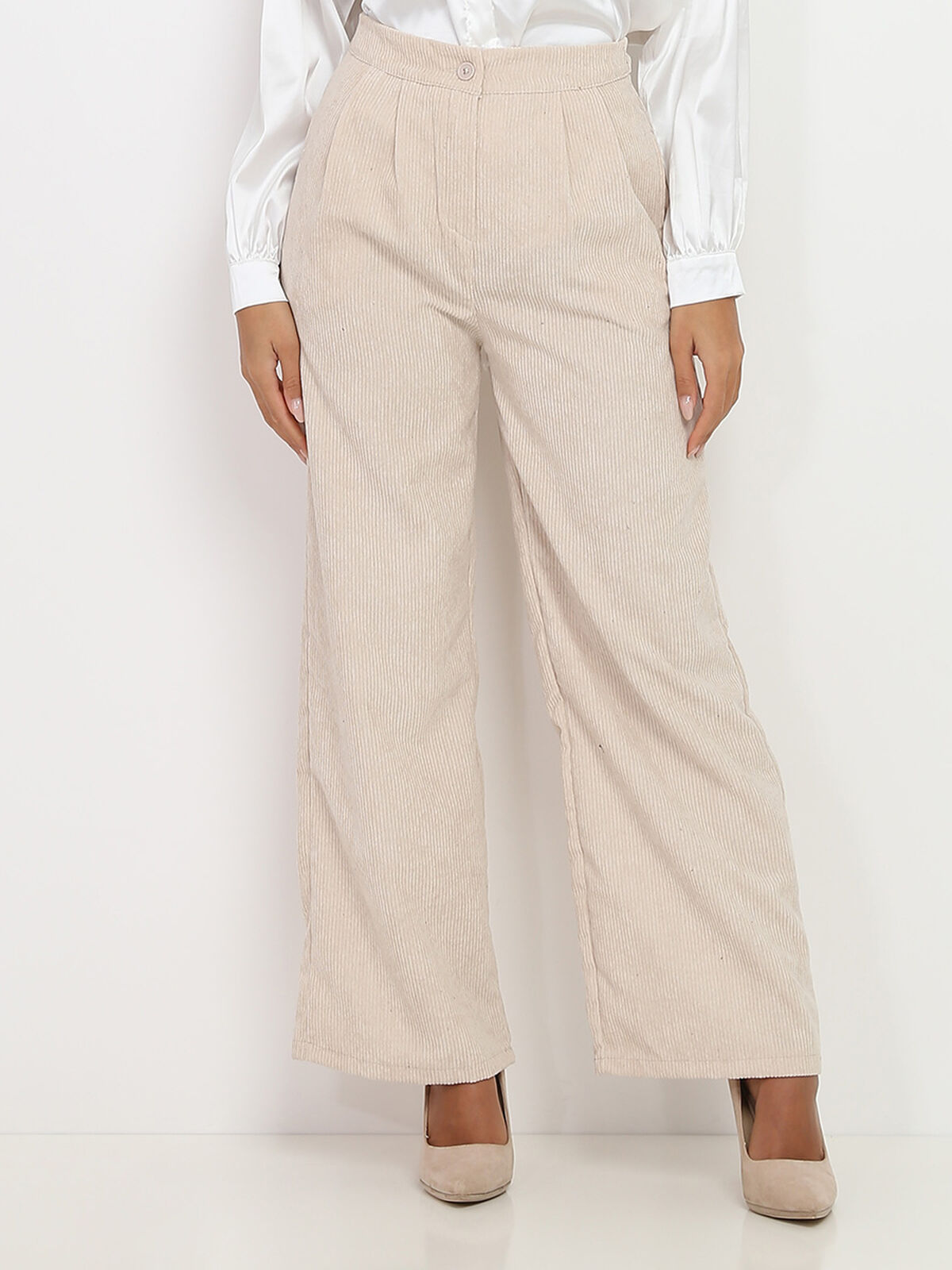 Pantalon large en velours côtelé- Beige