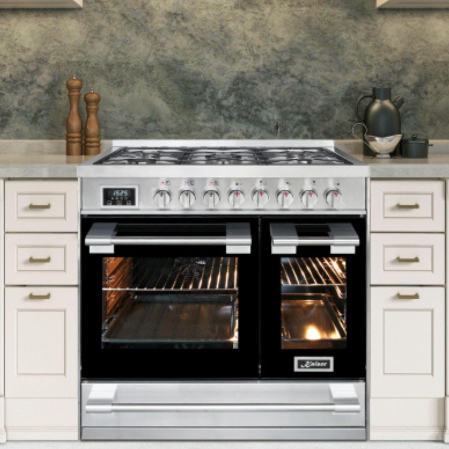 Kaiser Premium Herd HGE 93201 R Gasherd 90 cm Edelstahl • Doppel-Elektrobackofen 115 L • 5 Gasbrenner mit 3,7 kW WOK • Erdgas/Propangas Range Coocker • 8 Funktionen • Selbstreinigung • Anti-Touch