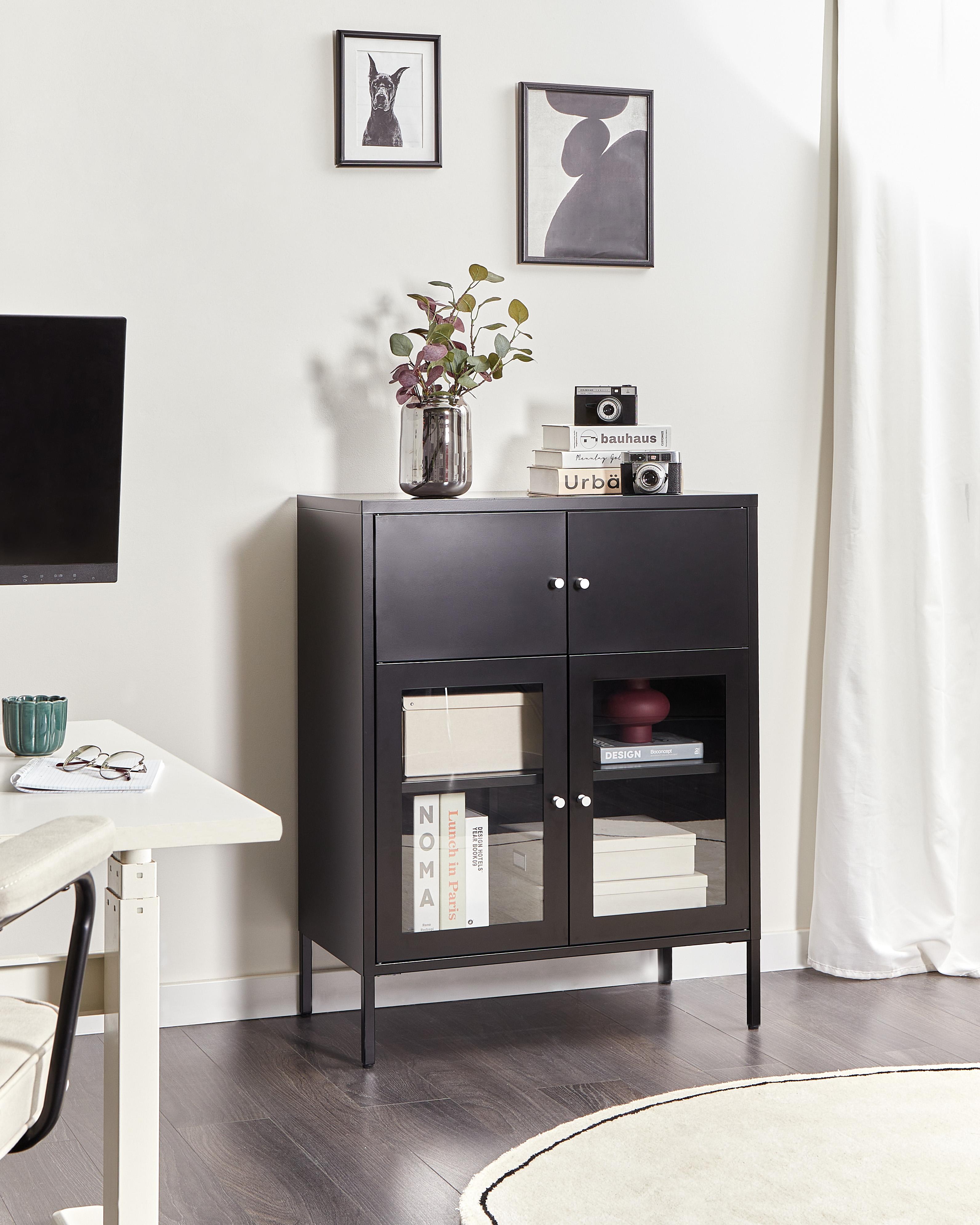 Dressoir met glazen deuren ESHOLT Metaal 80 cm Zwart