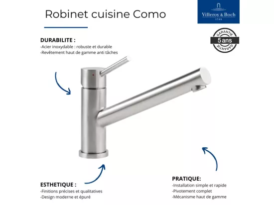 Robinet cuisine VILLEROY ET BOCH Como Acier massif poli + nettoyant