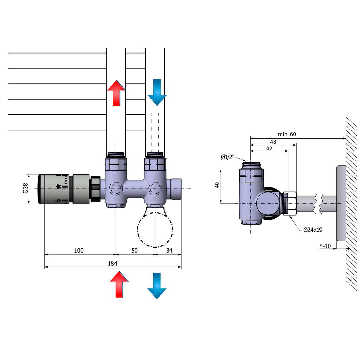 Sapho Twin Combi radiator m/o aansluitset links roestvrij staal