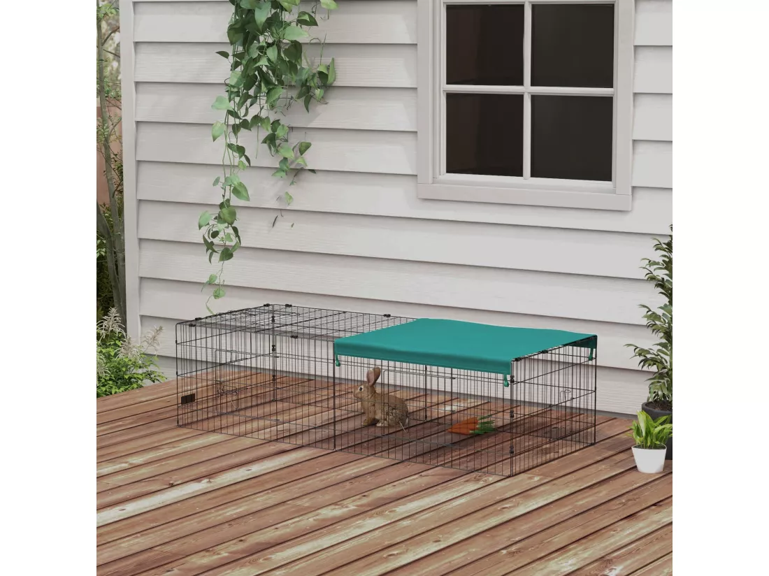 Parc enclos modulable acier avec bache pour lapins rongeurs petits animaux intérieur extérieur 185L x 75l x 50H cm vert