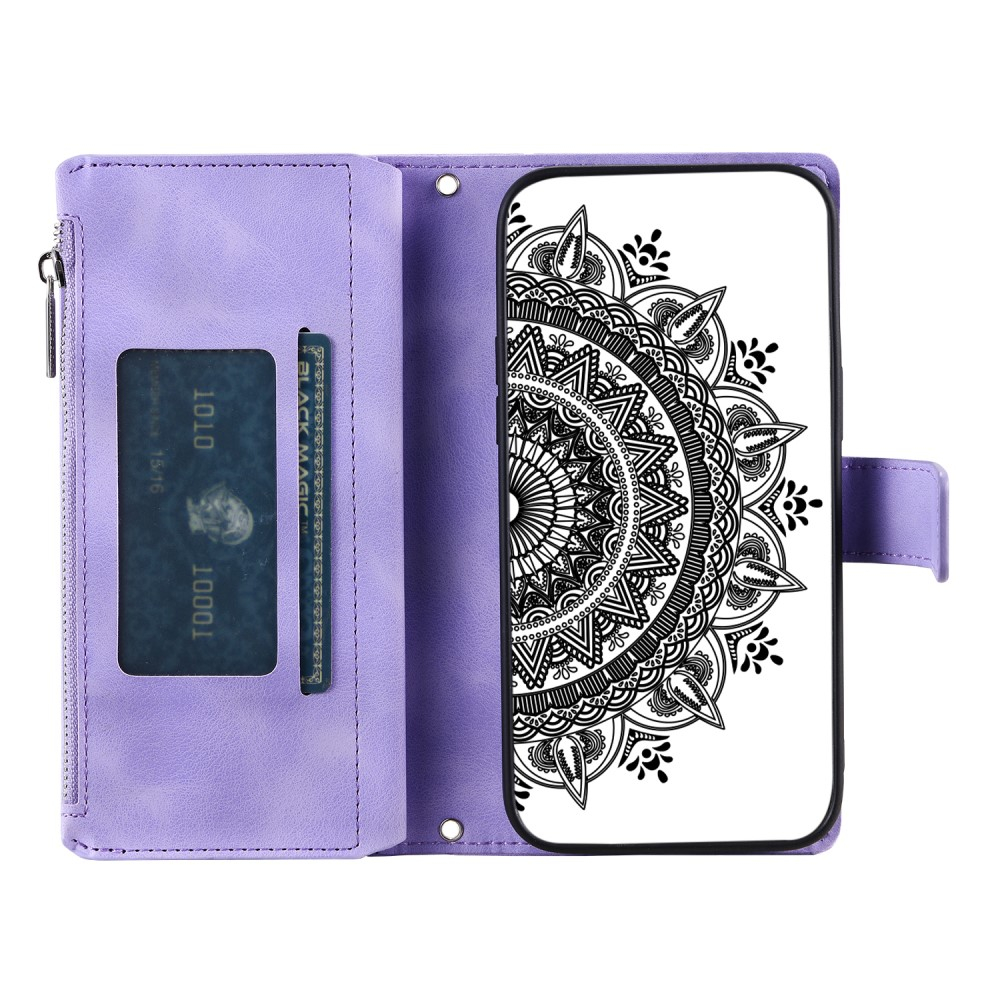 iPhone 15 Leder Tasche Flip Cover mit Reissverschluss - Mandala Flowers Imprint - Lila