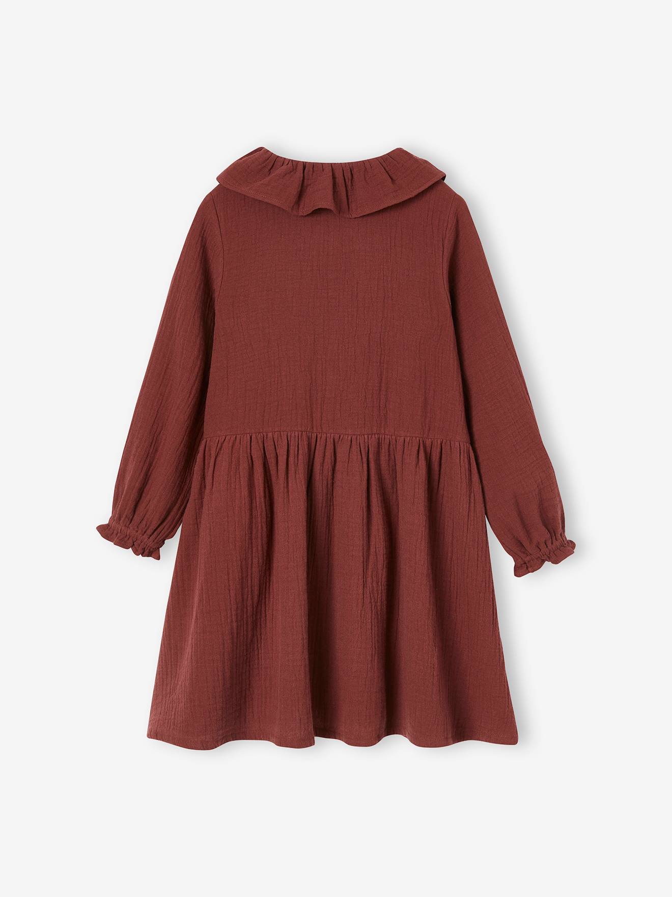 Vestido infantil em chiffon de algodão cor chocolate com botões.