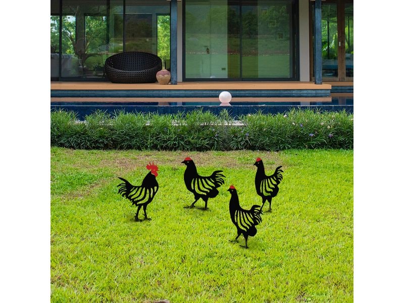 Wallxpert Gartenstecker Huhn 33 cm, 4er Set, Schwarz Gartendekoration