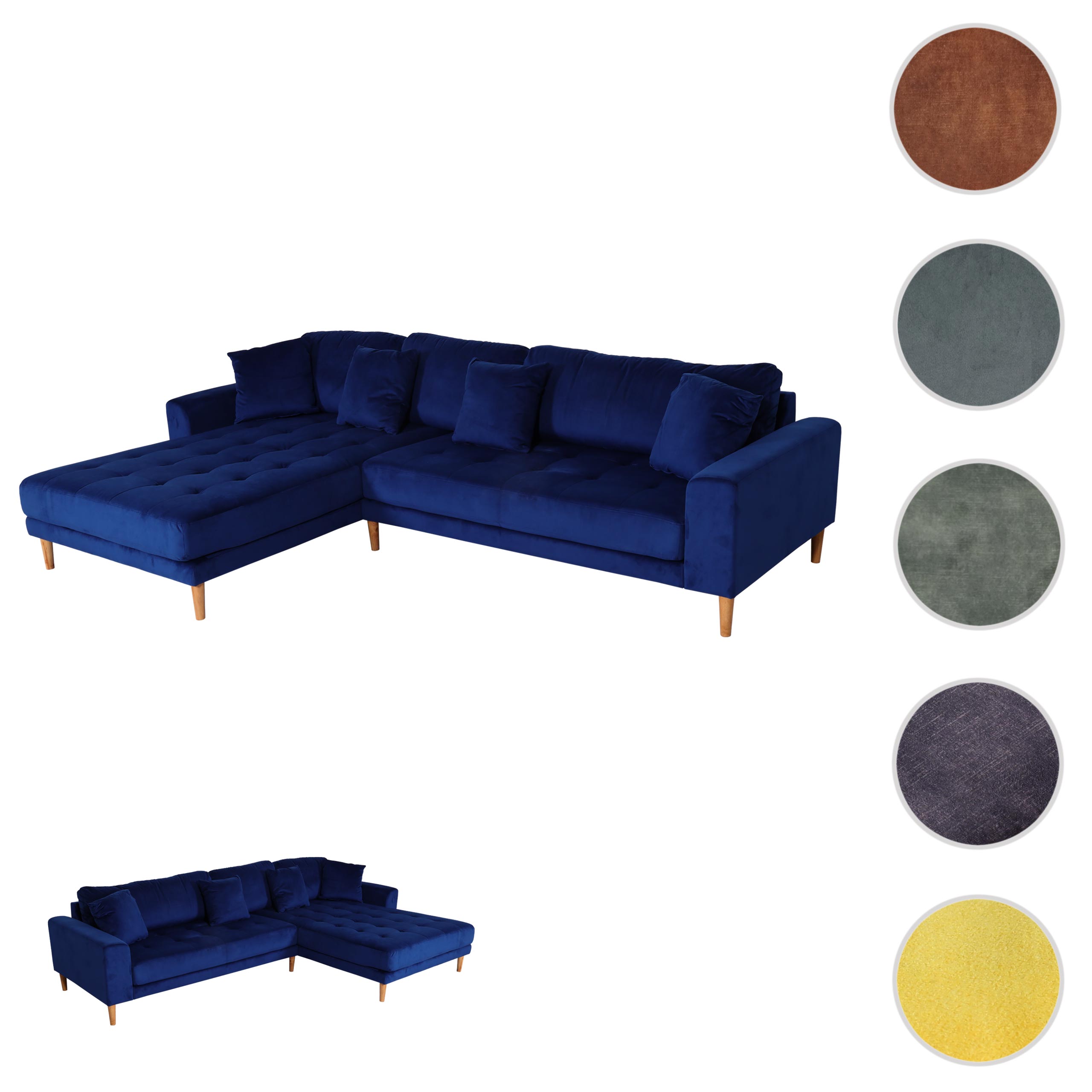 Ecksofa MCW-J54, Couch Sofa 3-Sitzer L-Form Liegefläche links/rechts 295cm ~ Samt blau