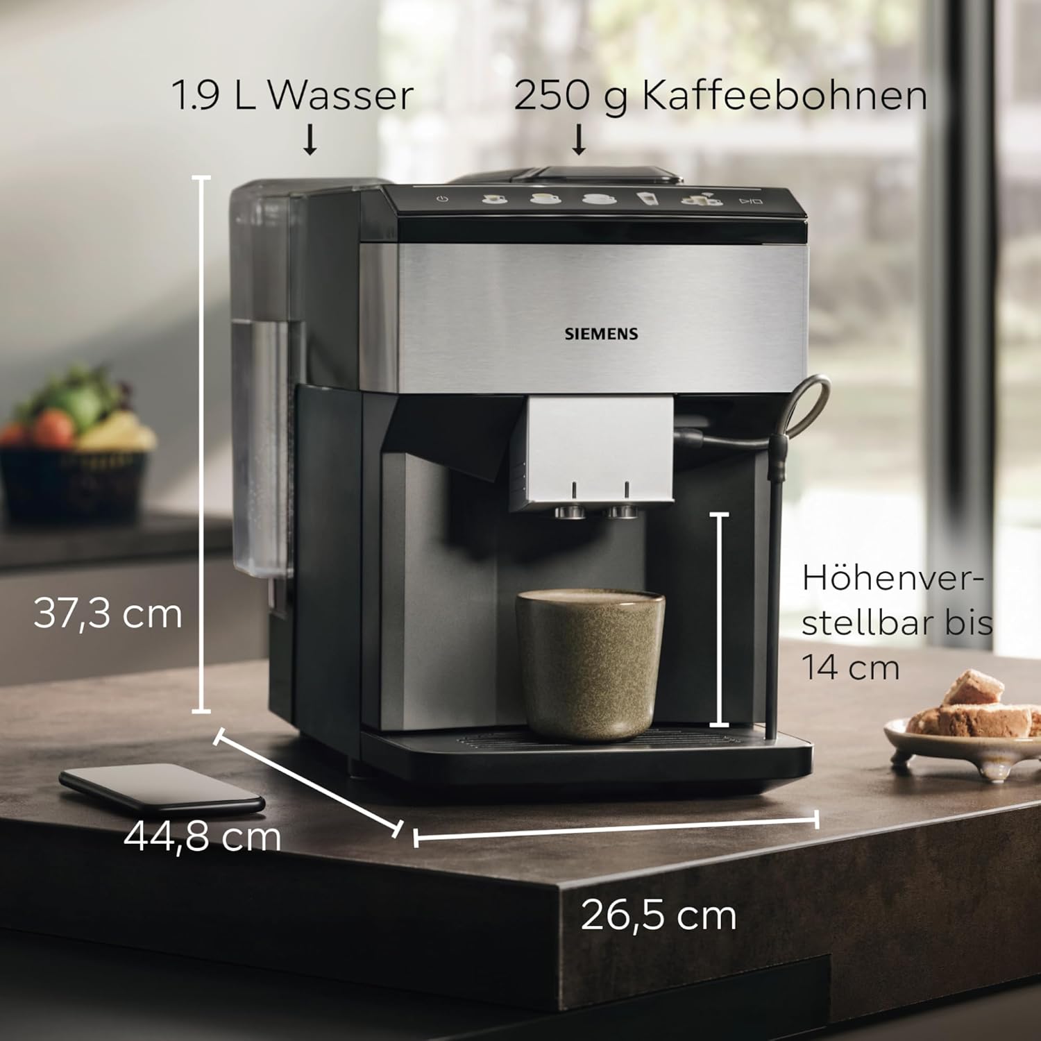 Siemens Kaffeevollautomat EQ500 classic TP516DX3, App-Steuerung, viele Kaffeespezialitäten, integr. Milchbehälter, Doppeltassenfunktion, automat. Dampfreinigung, 1500 W, Edelstahl/Klavierlack schwarz