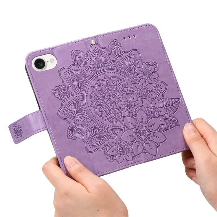 iPhone 16e Leder Tasche Wallet - Mandala Flowers Imprint - Lila