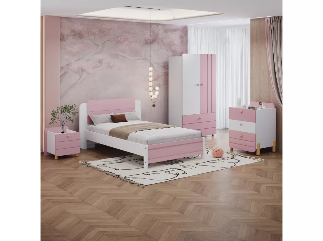 Table de chevet en bois - avec 3 tiroirs et étagères - Rose