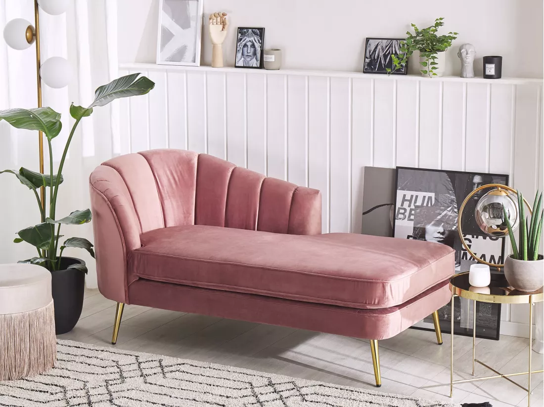 Chaise longue côté droite en velours rose ALLIER