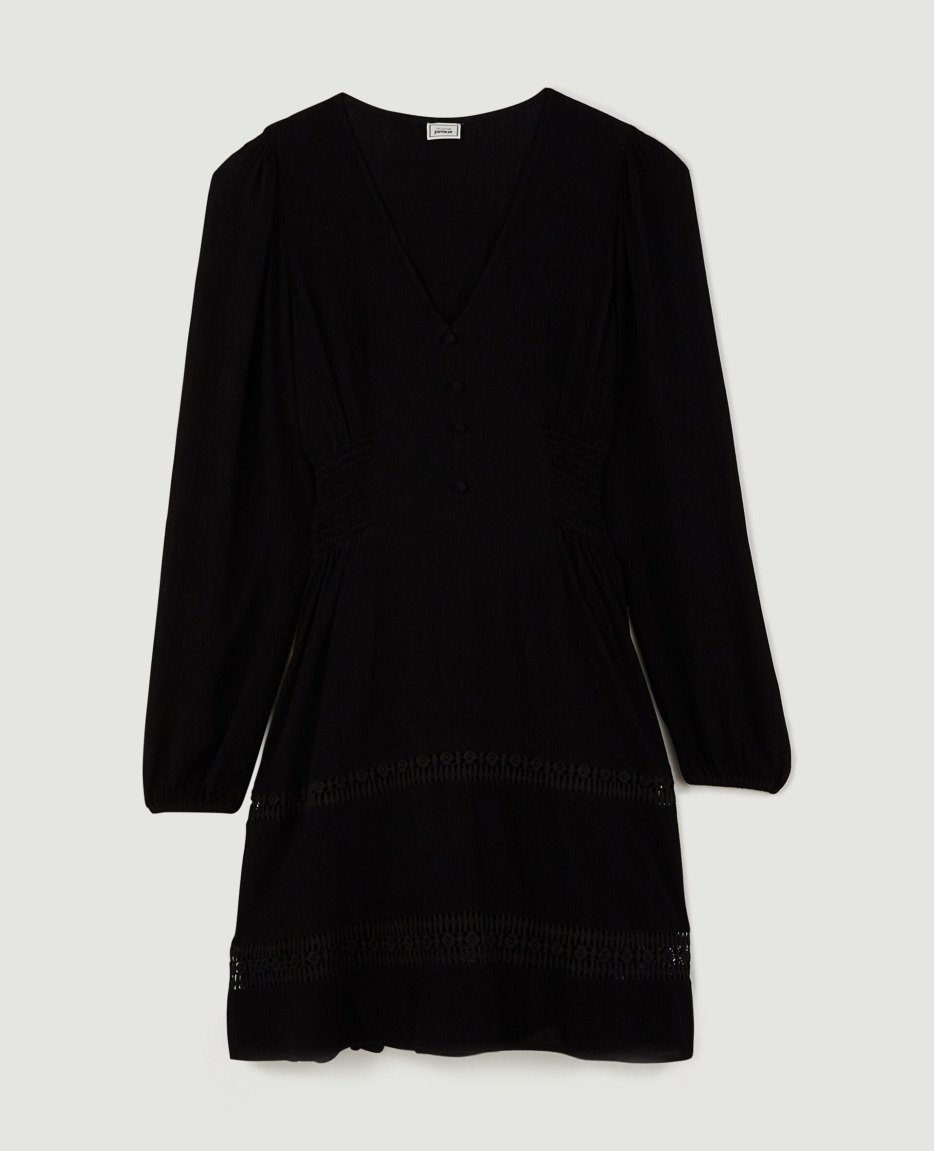 Robe courte col V avec dentelle et boutons - Noir