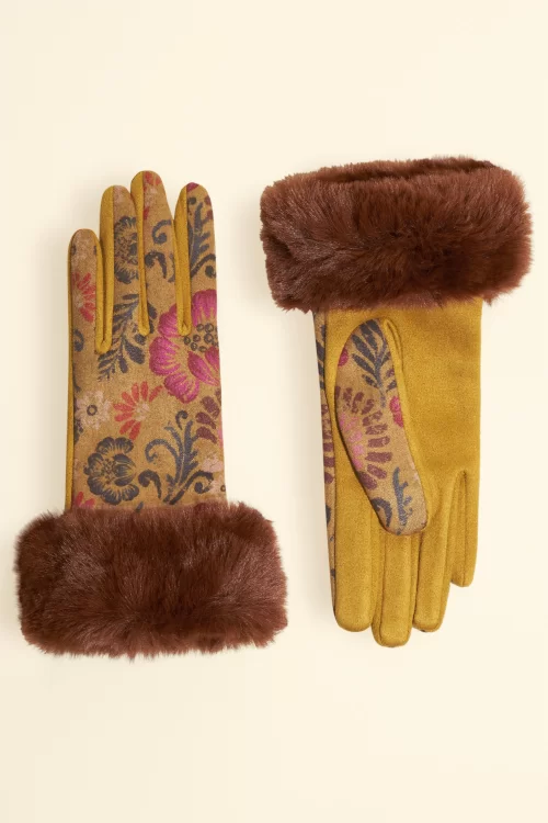 Powder Bernadette Floral Suedine handschoenen in mosterdgeel