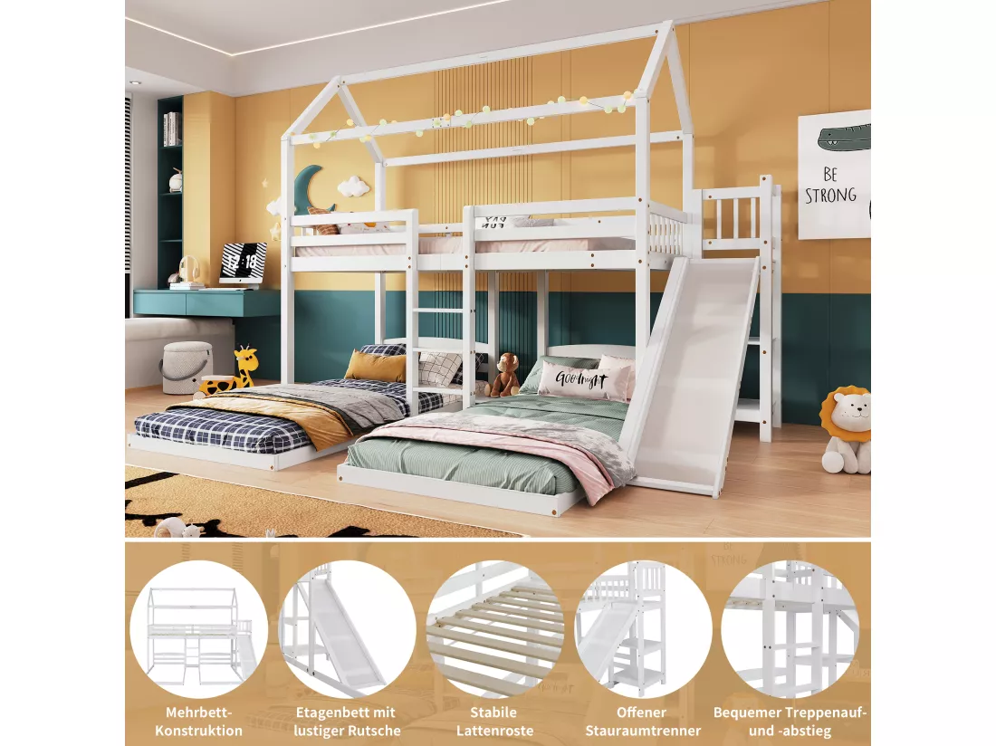 Lits superposés triples 3 x 90 x 200 cm avec toboggan et étagères - sommier à lattes seul au dessus - pin + MDF - blanc (sans matelas)