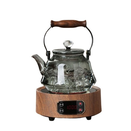 (1l) Glas Tee Kanne mit Filter Sieb Teebereiter Karaffe mit Holz Griff Getränke Krug für Losen Tee - Transparent / Schwarz