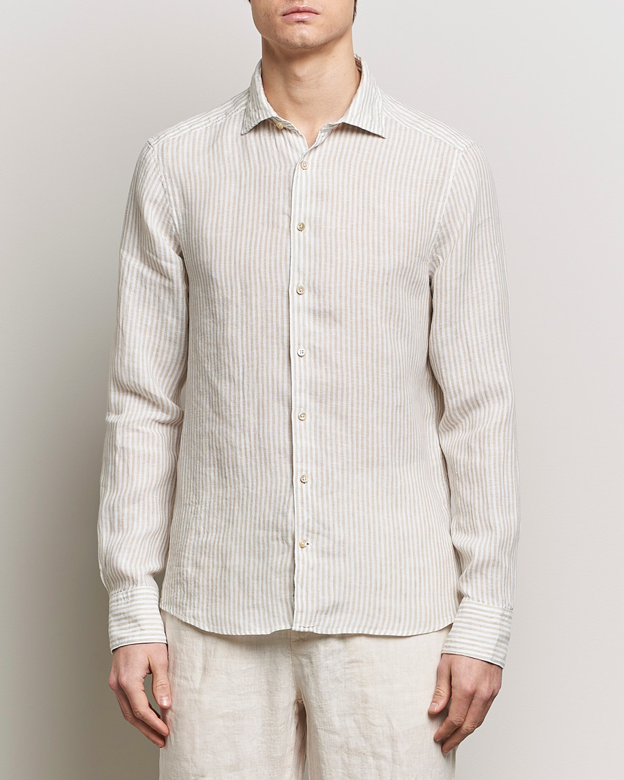 Stenströms Slimline Cut Away Striped Linen Shirt Beige
