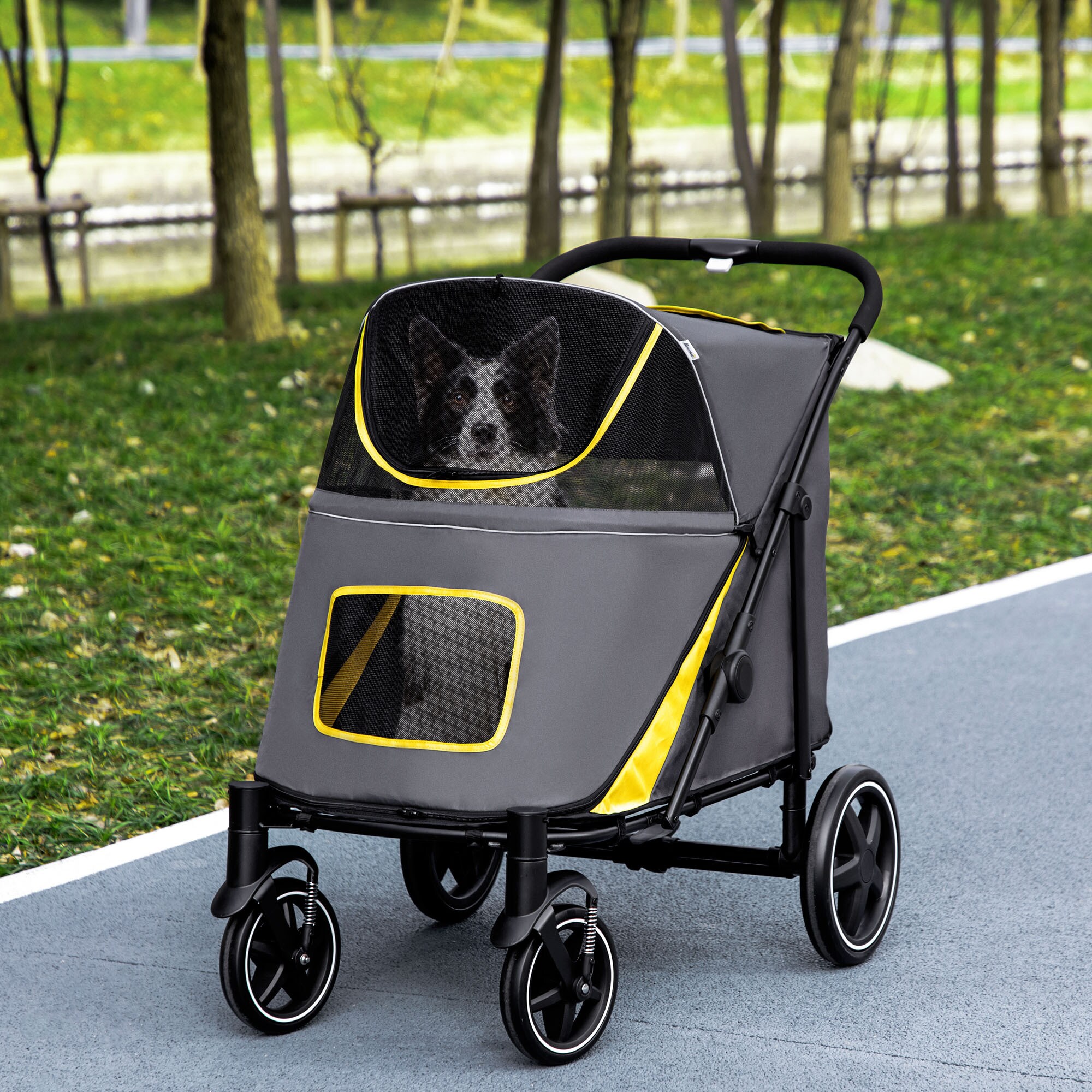 PawHut Hundewagen mit Netzfenster grau 112L x 65B x 100H cm