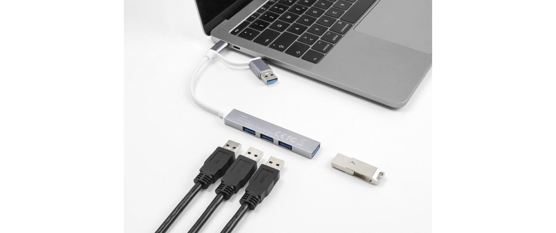 USB-Hub USB – C / USB – A zu 3x USB 2.0 + 1x USB 5 GbpsDelock 4 Port Slim USB Hub mit USB Type-C oder USB Typ-A zu 3x USB 2.0 Typ-A Buchse + 1x USB 5 Gbps Typ-A Buchse