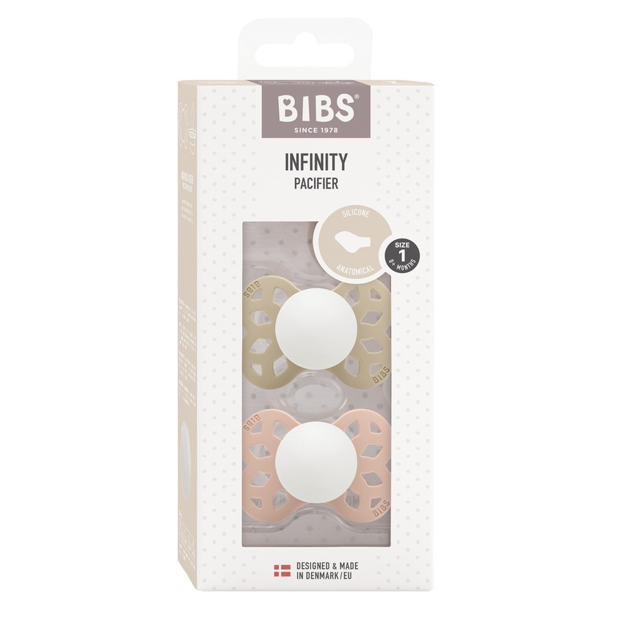 BIBS Pacifier Infinity Anatomical Silicone Vanilla Glow/Blush Glow Size 1 2pcs