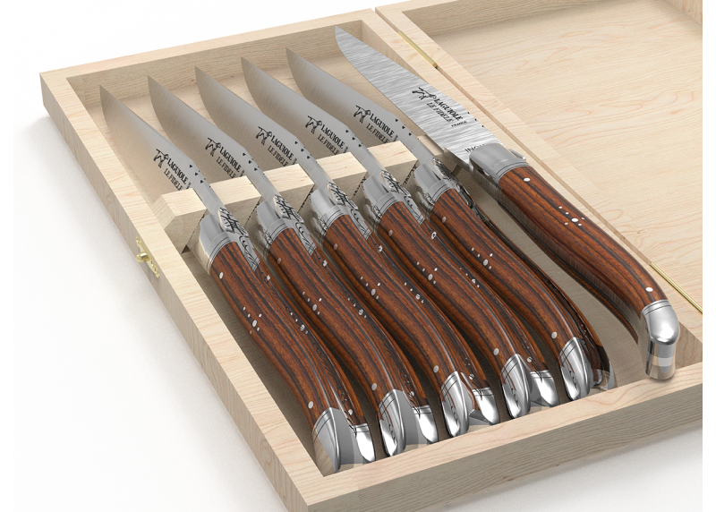 Service de 6 couteaux Laguiole avec un manche en bois de bocote et mitres en acier inoxydable