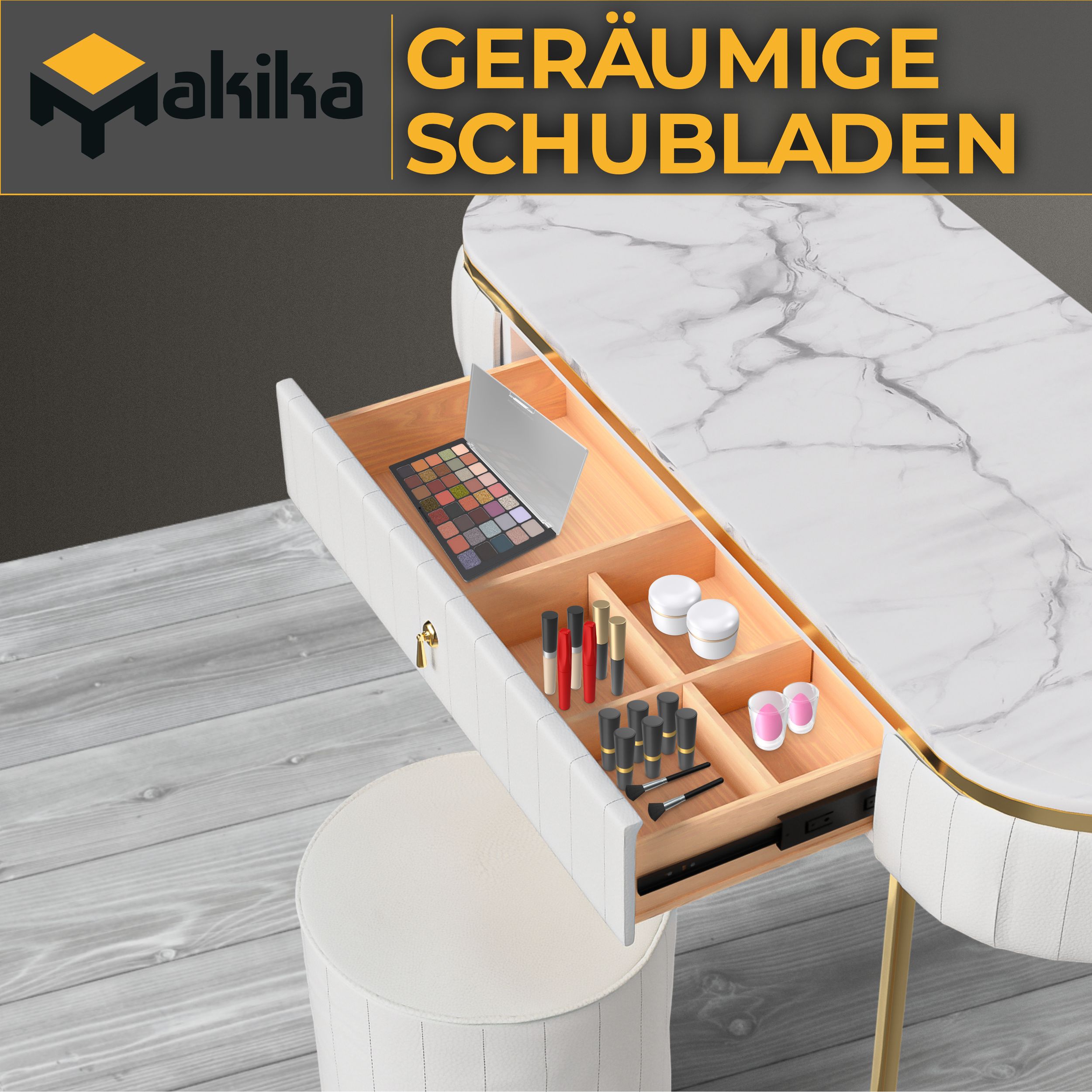 Makika Schminktisch JOLIE aus Kunstleder mit Sitzhocker und Spiegel