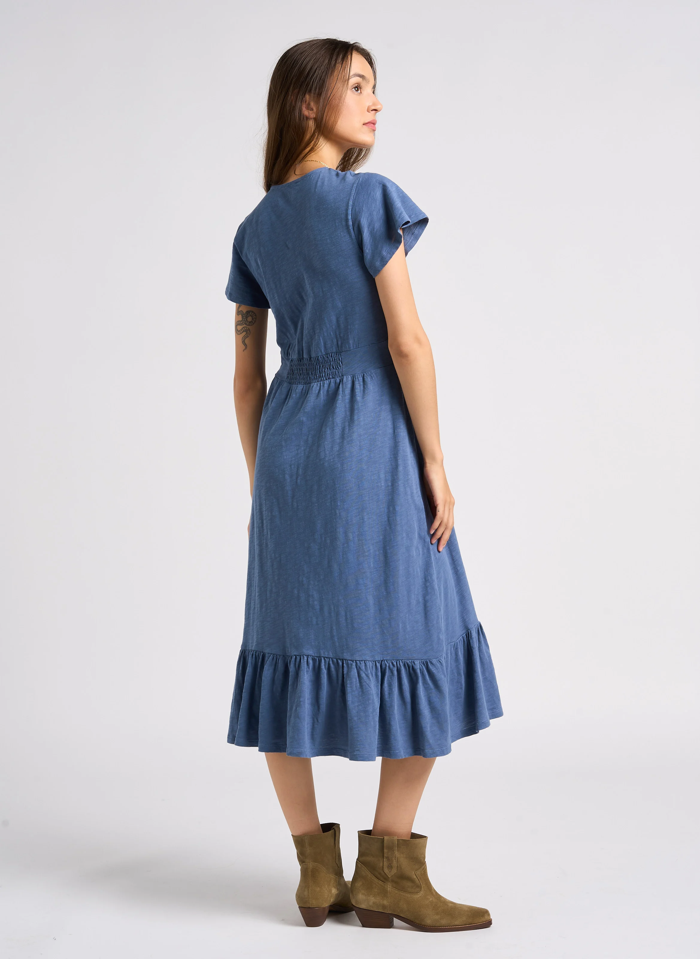 VALMA - Robe midi col V en coton| Bleu