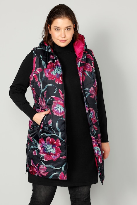 Long-Steppweste, Kapuze, Alloverdruck, Zipper