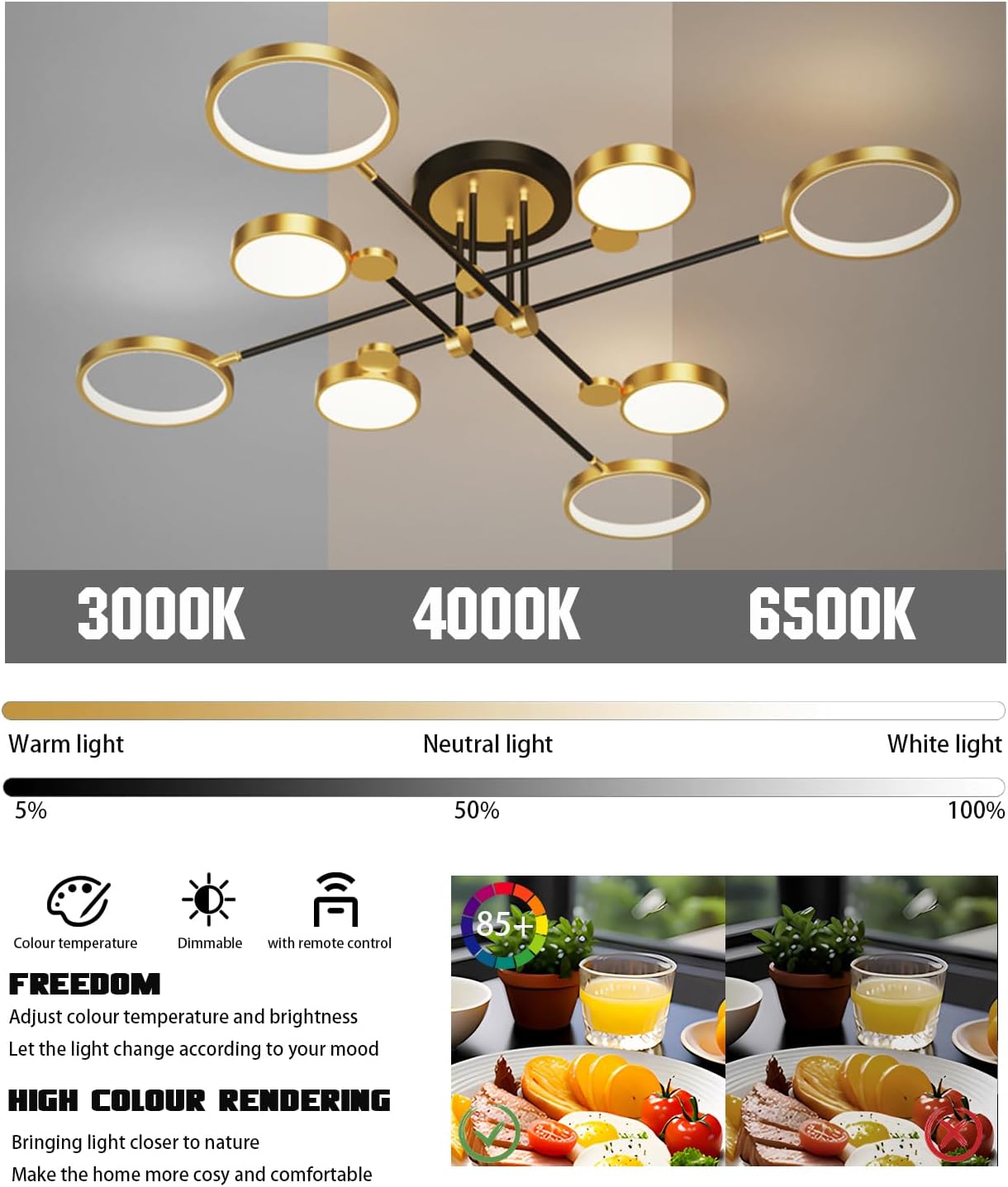 Moderne LED-Deckenleuchte 6 Köpfe dimmbar Wohnzimmer Deckenleuchte Schlafzimmer Deckenleuchte für Büro Küche Esszimmer Kronleuchter (Gold, 6 Köpfe)