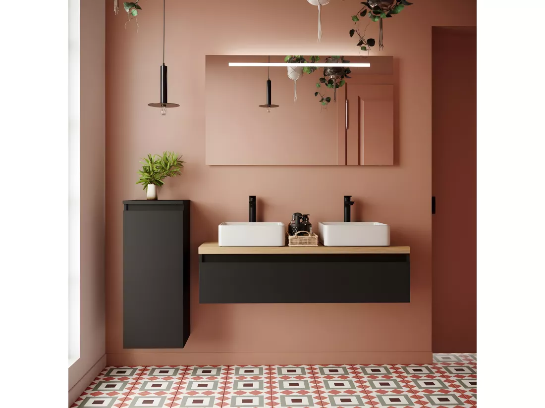 Meuble de salle de bain suspendu 2 vasques à poser 120cm 1 tiroir Noir - Hudson