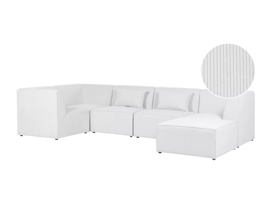 Canapé d'angle côté droit modulable 5 places en velours côtelé blanc cassé avec ottoman LEMVIG