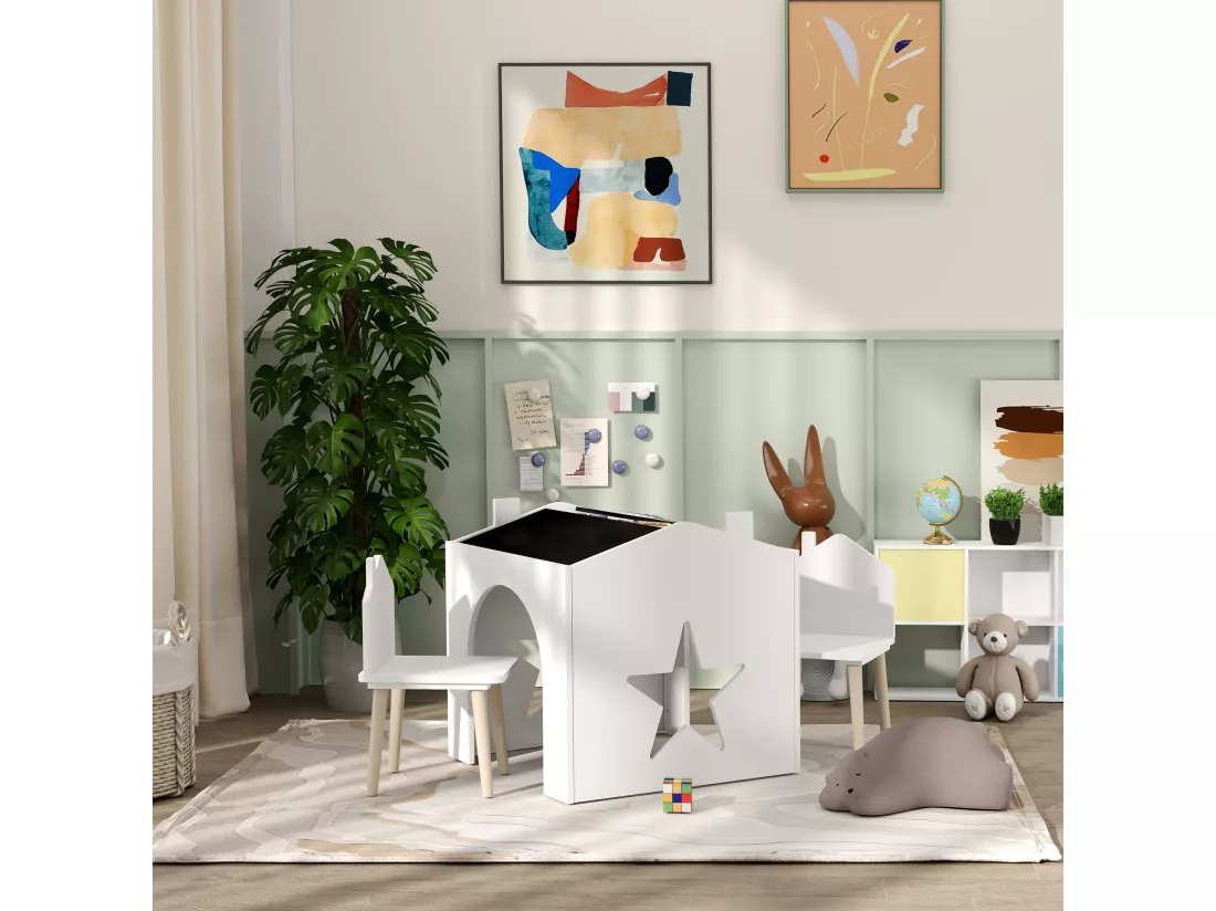 Ensemble 1 table et 2 chaises enfants avec plateau de tableau noir, pieds en pin, pour 3-8 ans, blanc