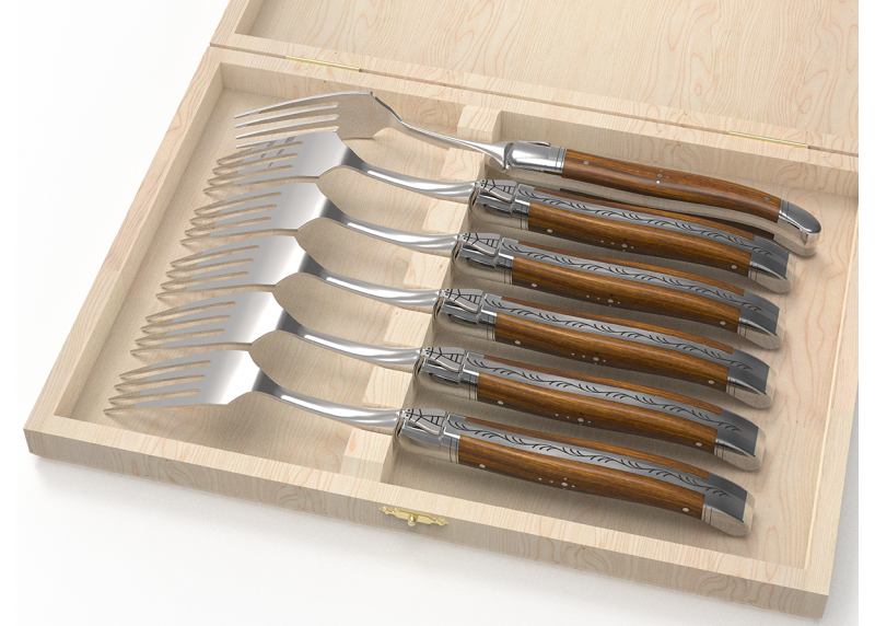 Service de 6 fourchettes Laguiole avec un manche en bois de gaïac et mitres en acier inoxydable