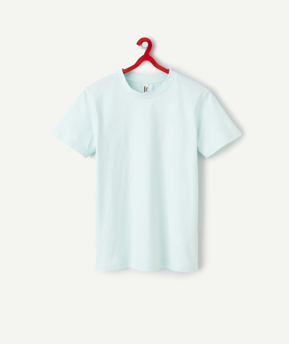 t-shirt garçon en coton bio bleu avec motifs surf et message brodés