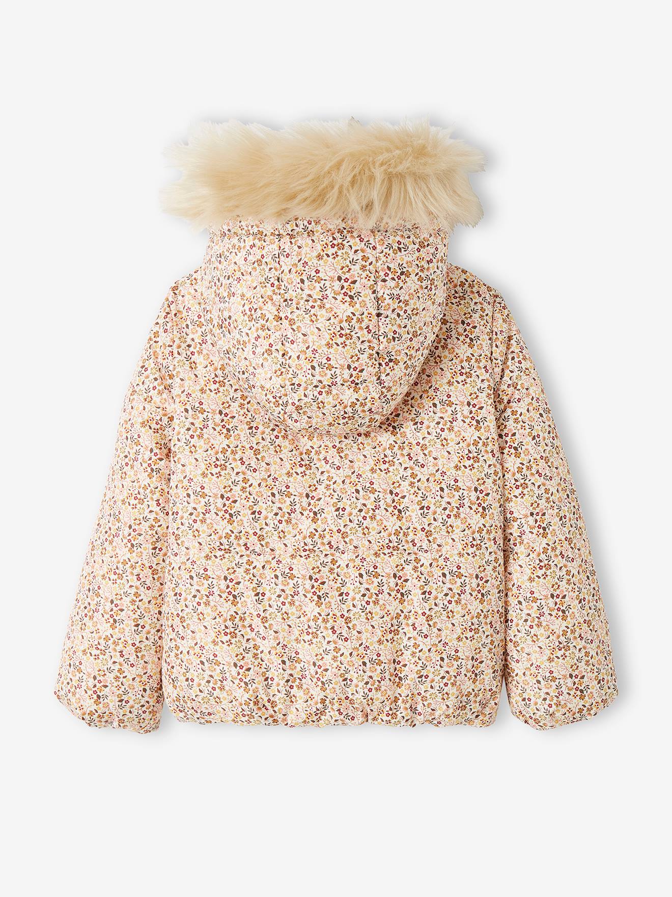 Jaqueta curta acolchoada com capuz estampado floral, tamanho médio infantil, estampa roxa.