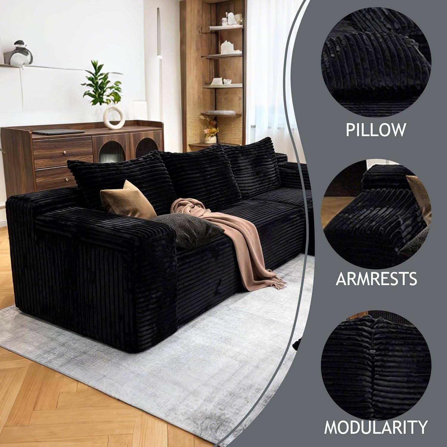 267cm Ecksofa mit Schlaffunktion, L-Form Schlafsofa 3-Sitzer mit Ottomane Links oder Rechts, Relaxsofa für Wohnzimmer, freistehend, Keine Montage