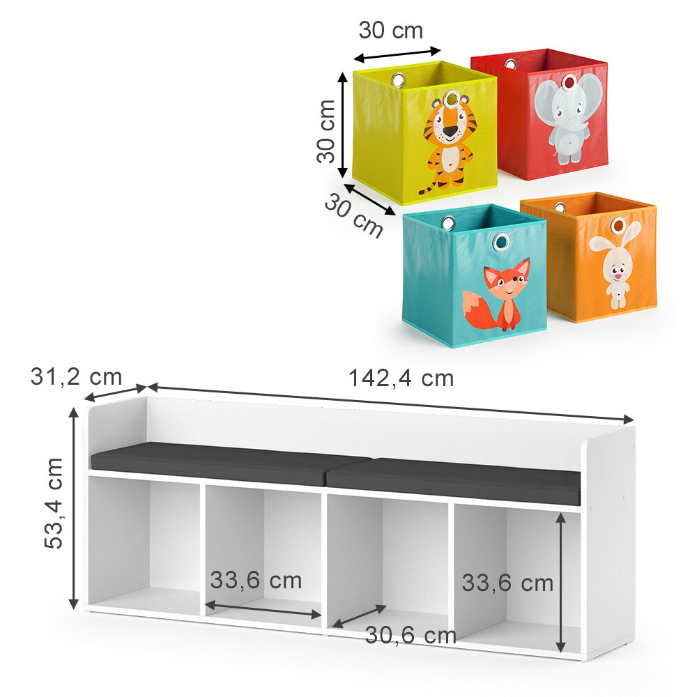 Vicco Sitzbank Kinderzimmerbank Kinderregal Luigi Weiß 142x53 cm modern Faltbox Kinderzimmer Regal Aufbewahrungsregal Bücherregal Lesebank Spielzeugaufbewahrung Organizer Regal-Bank-Kombi 4 Fächer