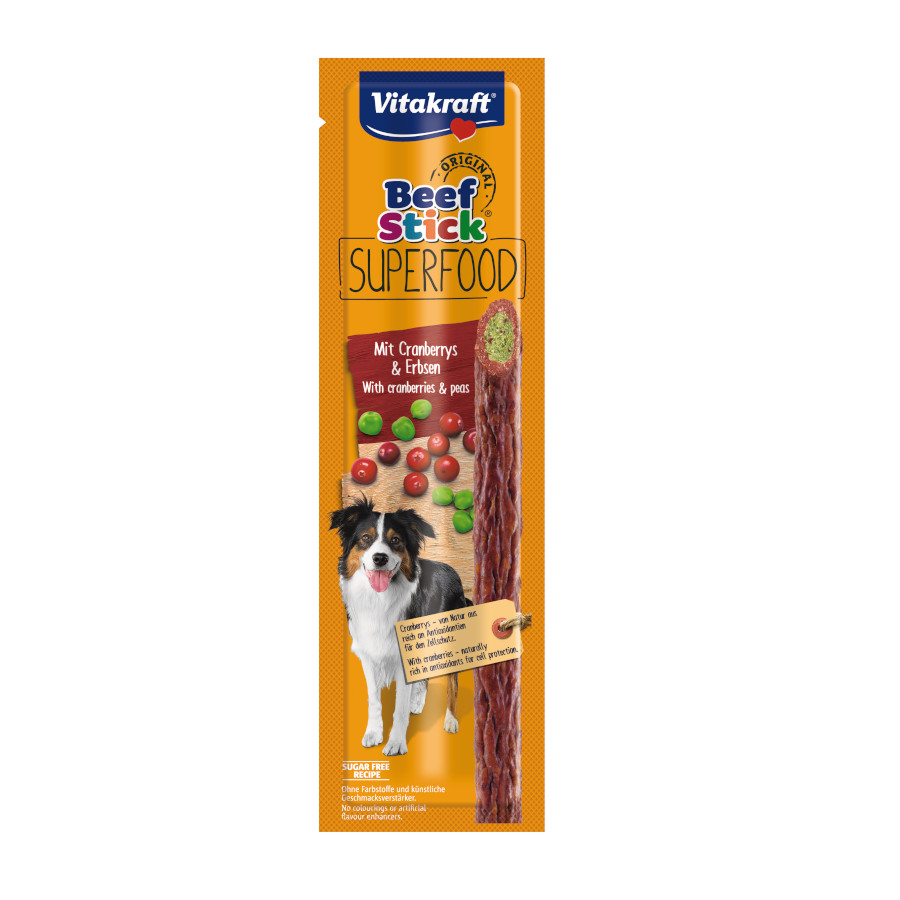 Palitos de carne bovina Vitakraft Superfood com ervilhas e mirtilos para cães
