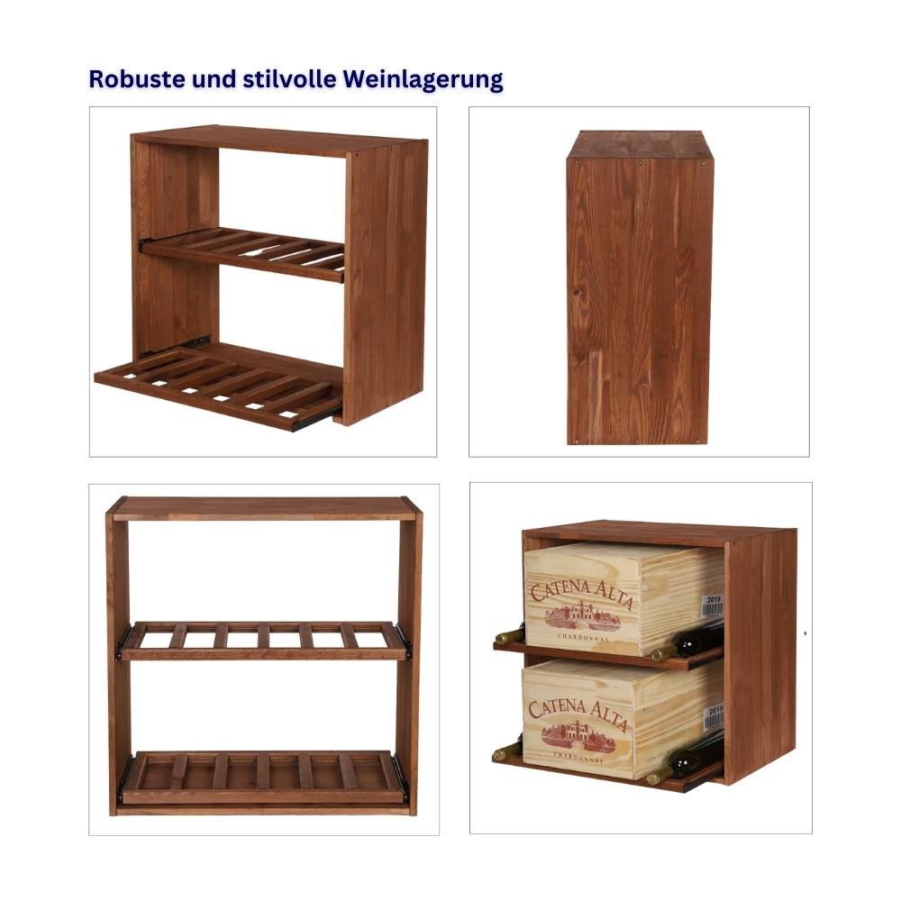 PROREGAL Modulair Wijnrek Vincellar Mod HxBxD 60 x 60 x 30 cm Module voor 12 flessen of wijnkratten met uitschuifbare planken Massief grenenhout Bruin geolied