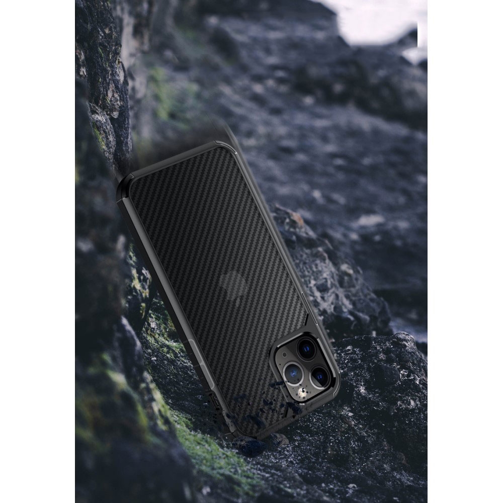 iPhone 12 / iPhone 12 Pro Hybrid TPU Bumper Case Schutz Hülle Carbon Look - Schwarz / Transparent