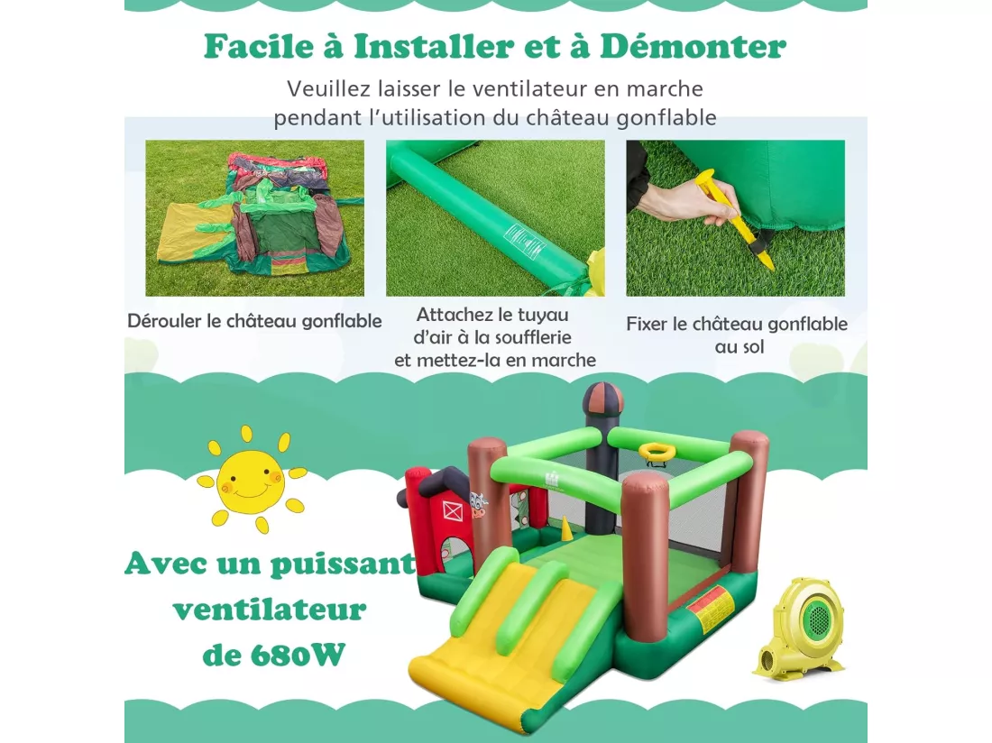 Château Gonflable 6-en-1 avec Toboggans Doubles, Maison Gonflable Intérieur Extérieur avec Trampoline, Sac de Transport, Panier de Basket, Thème Ferme, 356x330x220CM, 3-10 Ans (Avec souffleur)