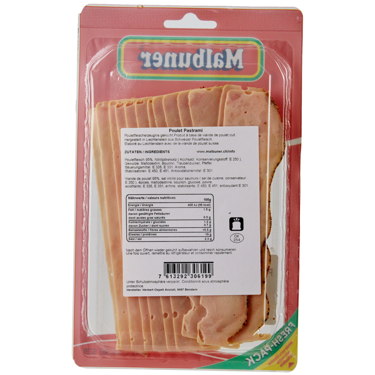 Malbuner Poulet Pastrami geschnitten